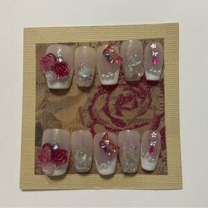 Elegant Size Large Floral Handcrafted Press-On Nails ~FrenchTipCollection~ #102